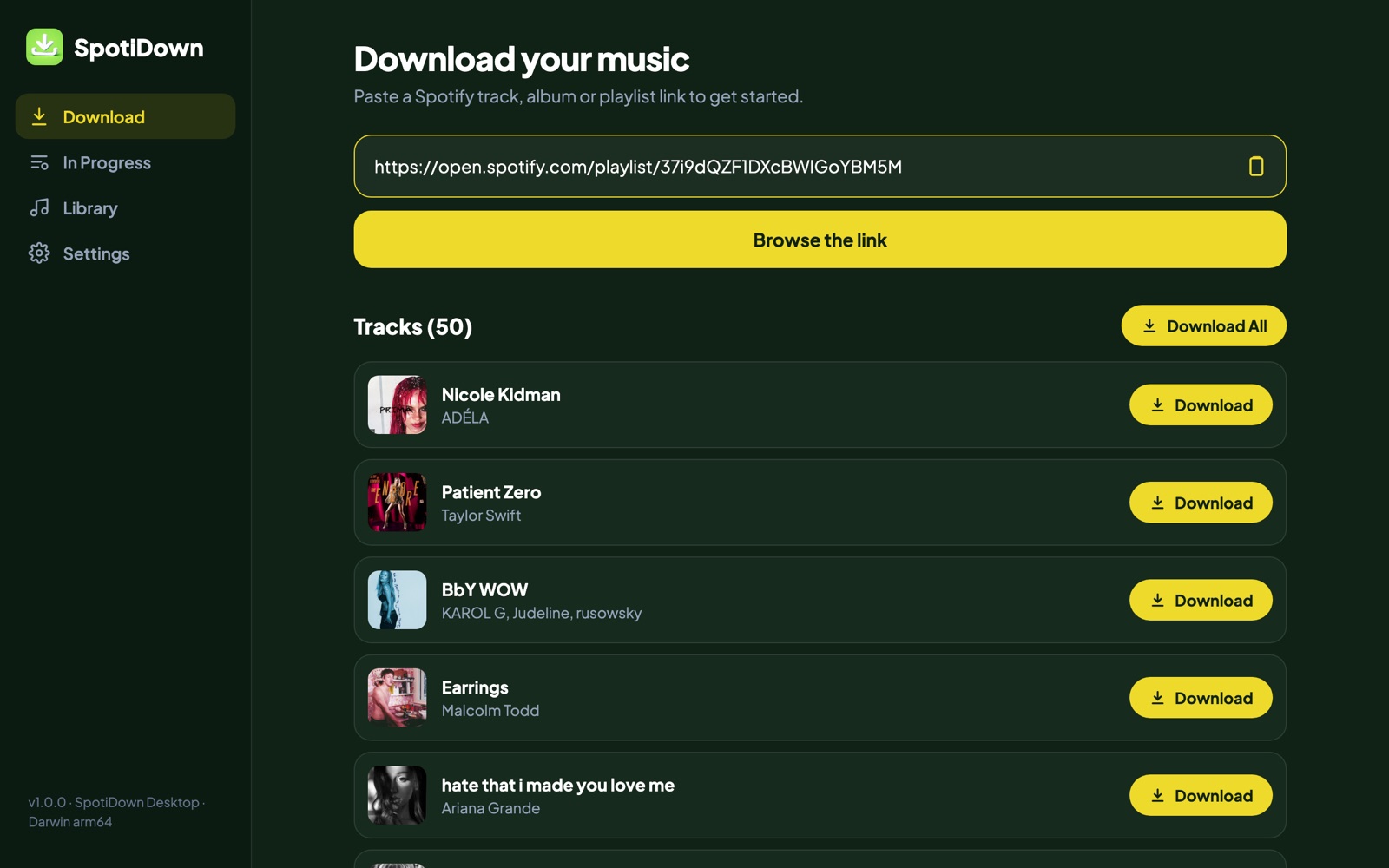 SpotiDown desktop app for Windows and Mac downloading a Spotify playlist
